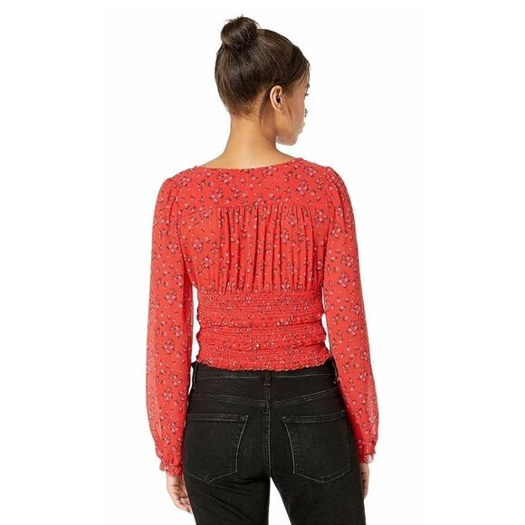 Free People Lolita Top Red Women's Keyhole Floral Pouf Square Neck Blouse Sz M - Picture 5 of 13